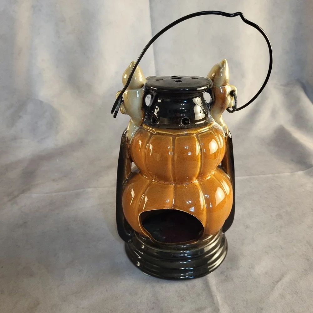 Vintage Ceramic Lantern W/Ghosts & Jack O' Lanterns Metal Handle Candle Holder
